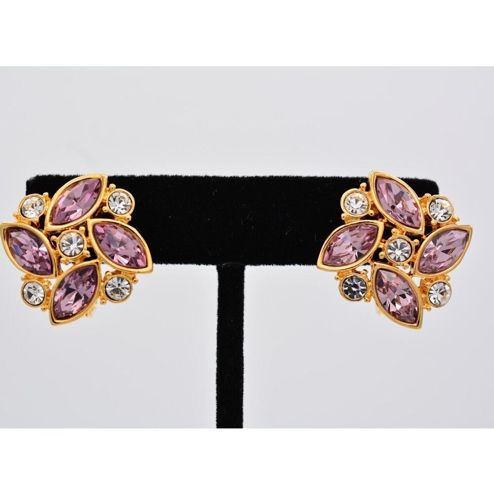 Monet Vintage Crystal Clip On Earrings Lavender Rhinestone Gold Signed 1980s 9E